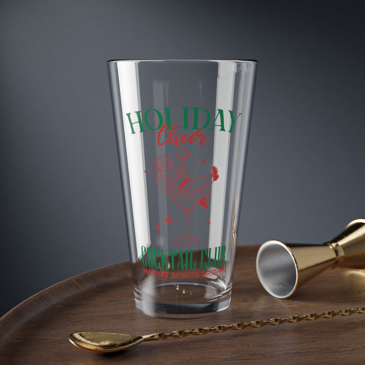 Holiday Cheer Mixing Glass Gift For Girlfriend Christmas Cocktail Tumbler Present For Coworker Retro Santa Barware Festive Party Keepsake