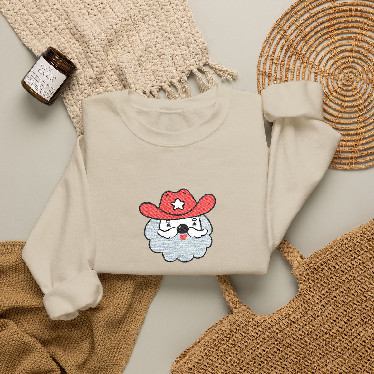 Embroidered Cowboy Santa Sweatshirt For Her Western Christmas Crewneck Gift For Mom Country Holiday Pullover Best Friend Winter Top For Wife