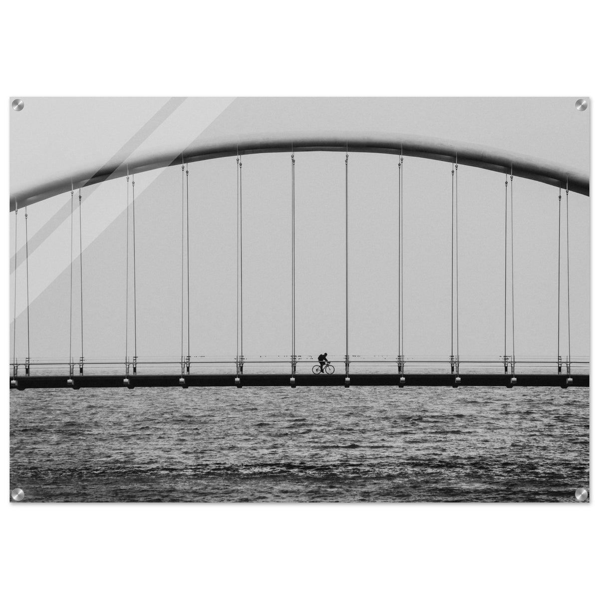 Minimalist Bridge Cyclist - Monochromatic Acrylic Print for Modern Interiors in various sizes