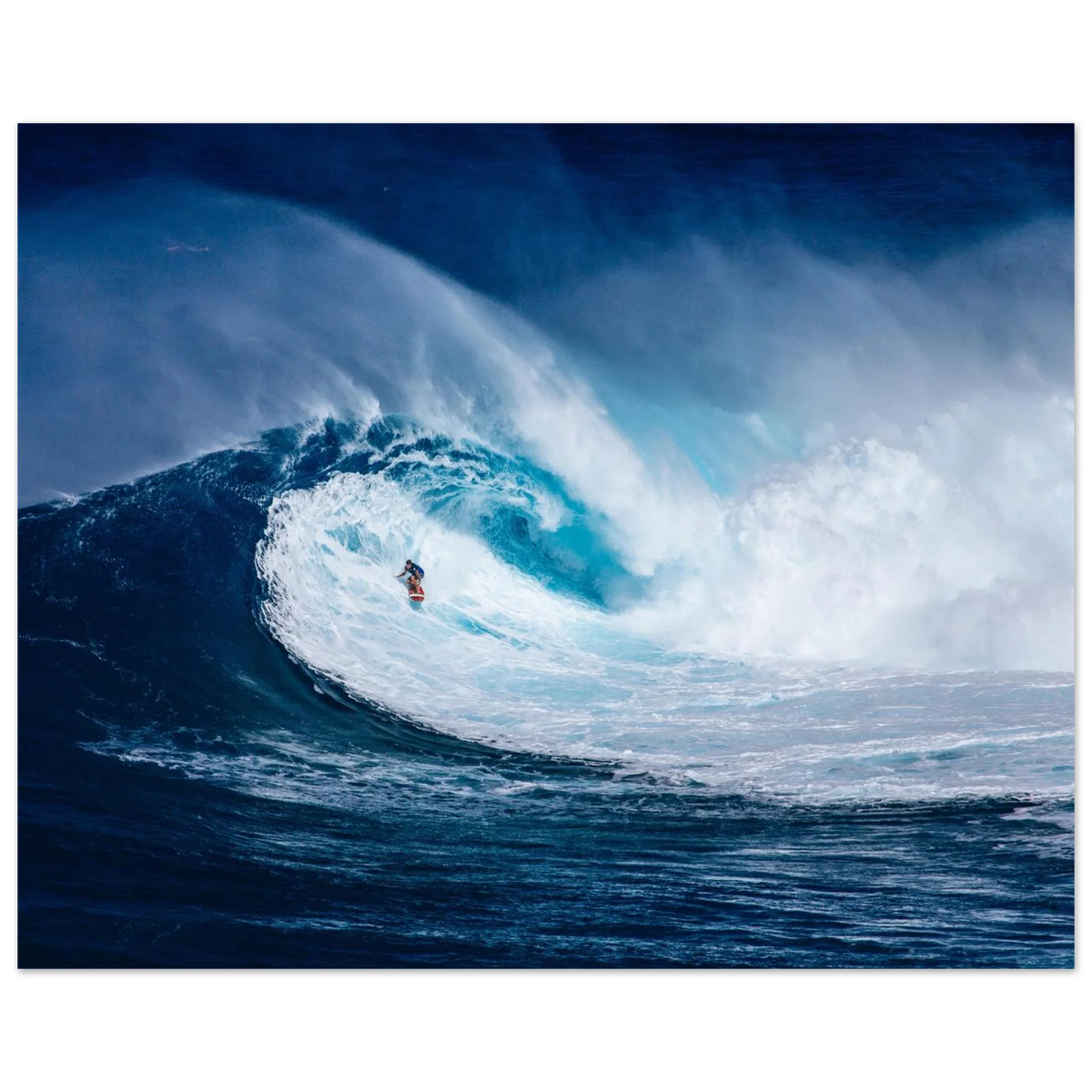 Unframed poster showing a surfer inside a giant curling blue wave with white spray