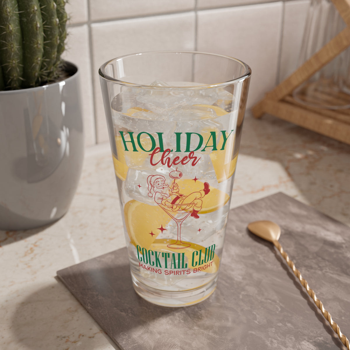 Holiday Cheer Mixing Glass Gift For Girlfriend Christmas Cocktail Tumbler Present For Coworker Retro Santa Barware Festive Party Keepsake