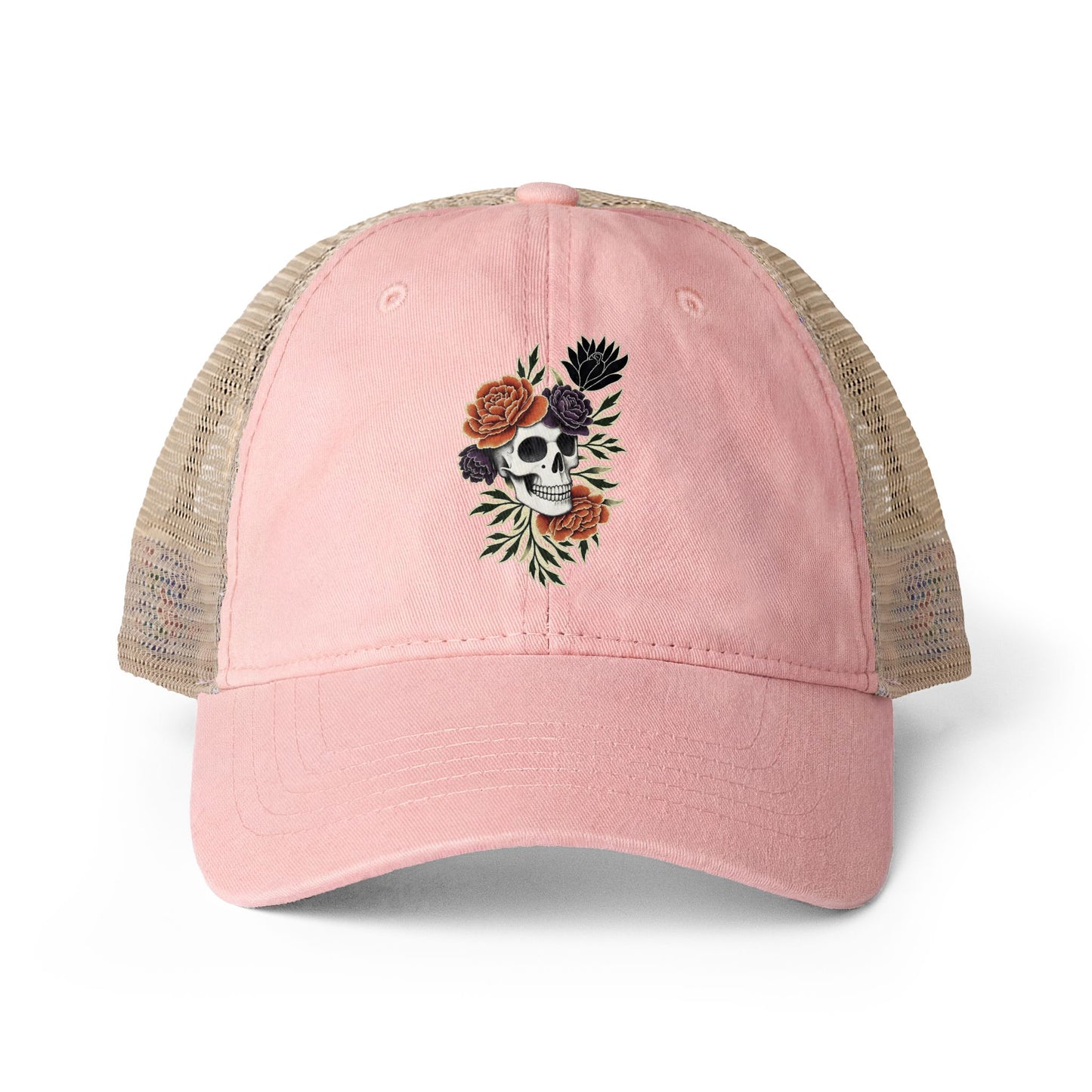 Floral Skull Trucker Hat Vintage Washed Mesh Cap Aesthetic Goth Hat Boho Skull Hat Ponytail Cap Gift for Her Festival Hat