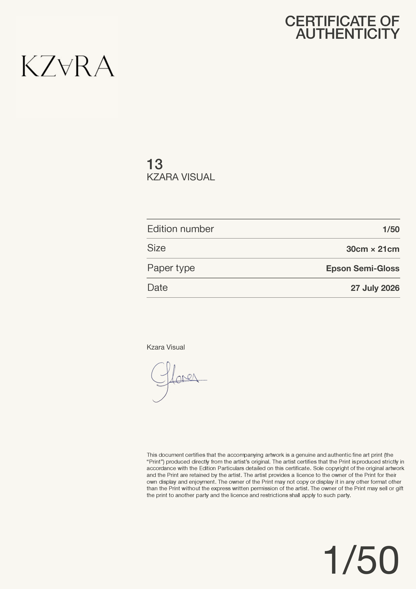 13 — Certificate of Authenticity