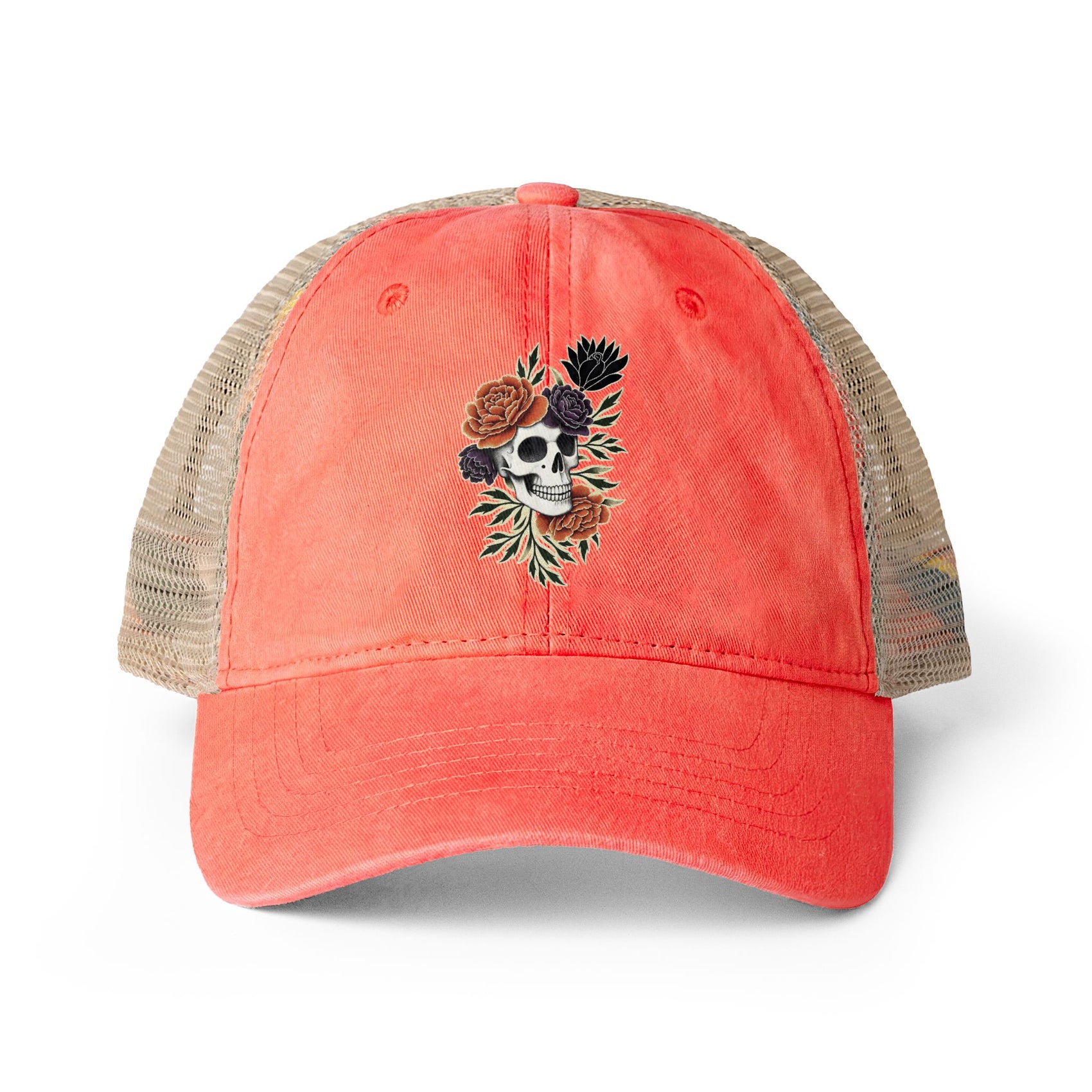 Floral Skull Trucker Hat Vintage Washed Mesh Cap Aesthetic Goth Hat Boho Skull Hat Ponytail Cap Gift for Her Festival Hat