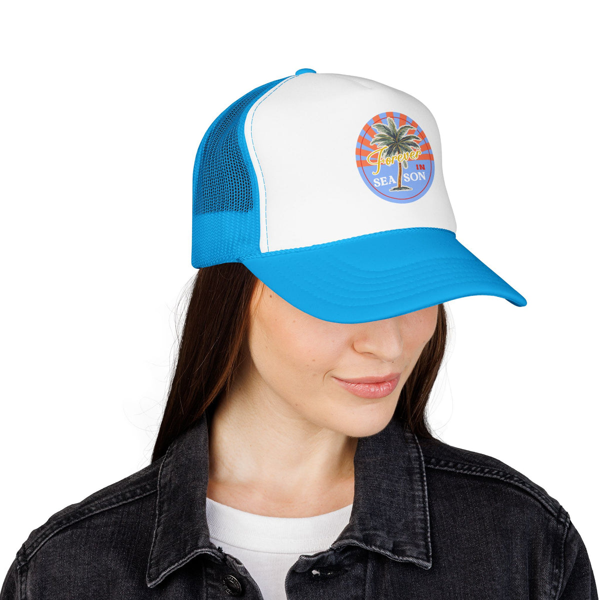 Palm Beach Trucker Hat For Girlfriend Retro Tropical Cap Coastal Vacation Headwear Mesh Snapback For Mom Island Escape Fashion Gift Style