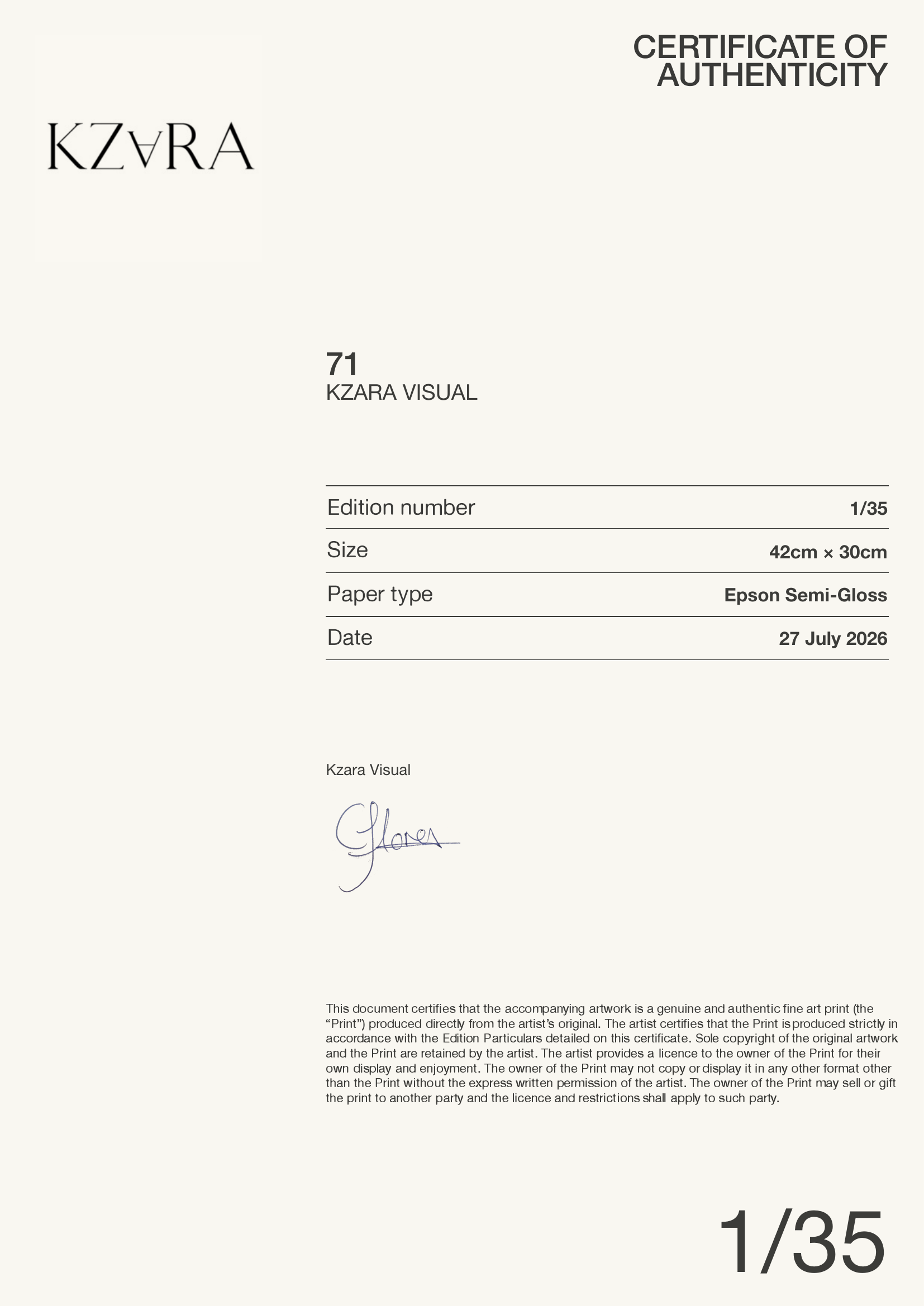 71 — Certificate of Authenticity