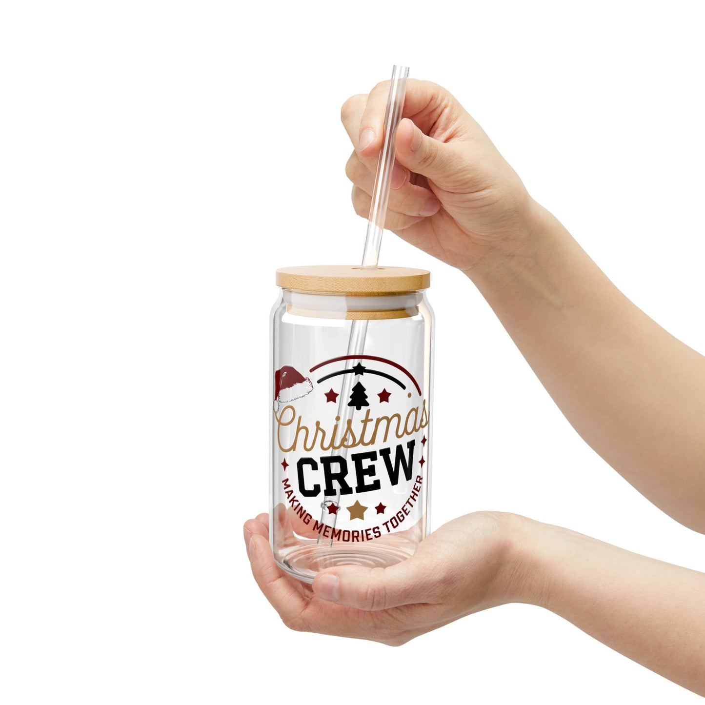 Christmas Crew Glass Cup Gift For Sister Holiday Sipper With Bamboo Lid Festive Drinkware Present For Best Friend Family Party Style Charm