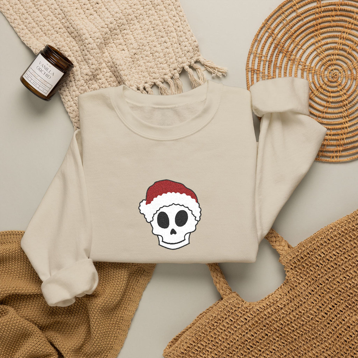Embroidered Crewneck Christmas Sweatshirt Skeleton Jumper Santa Clause Embroidery Crewneck Skeleton Sweatshirt, Cute Holiday Jumper Xmas