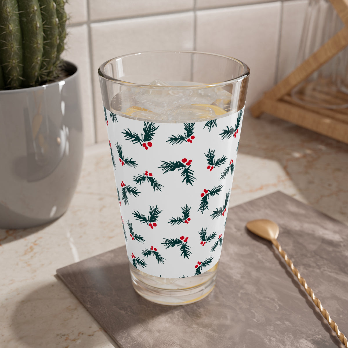 Holly Sprig Pint Glass Brother Gift Sister Present Holiday Barware Seasonal Mixer Cup Winter Table Accent Decor Charm Drinkware Entertaining