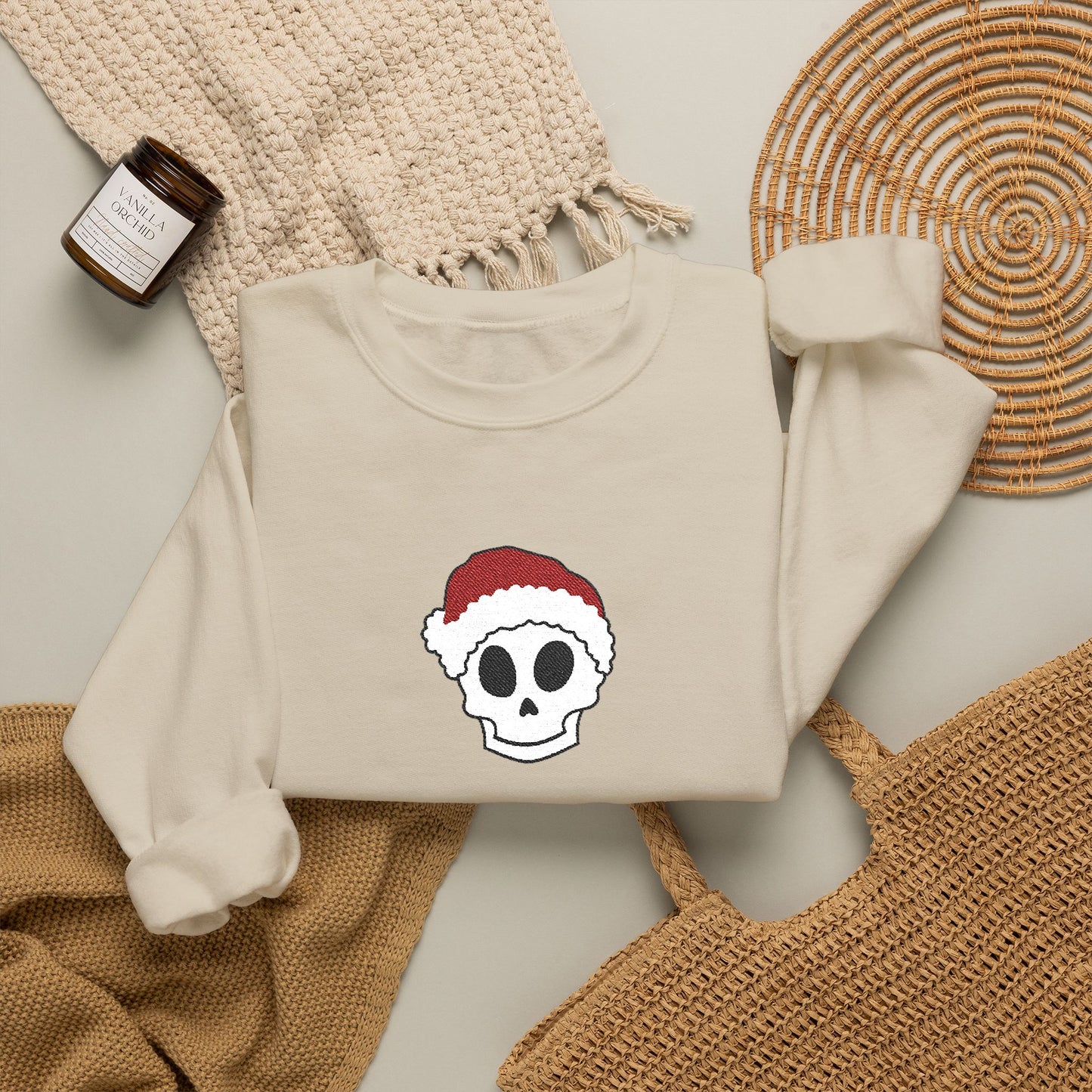 Embroidered Skull Christmas Sweatshirt For Her Goth Holiday Crewneck Gift For Best Friend Alt Winter Pullover For Him Spooky Santa Top Teen