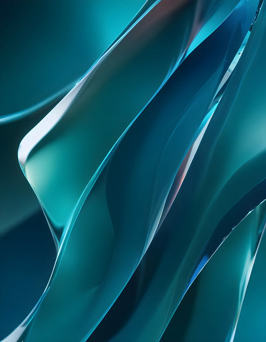 Abstract flow of teal and blue shapes blending together with soft curves and reflections