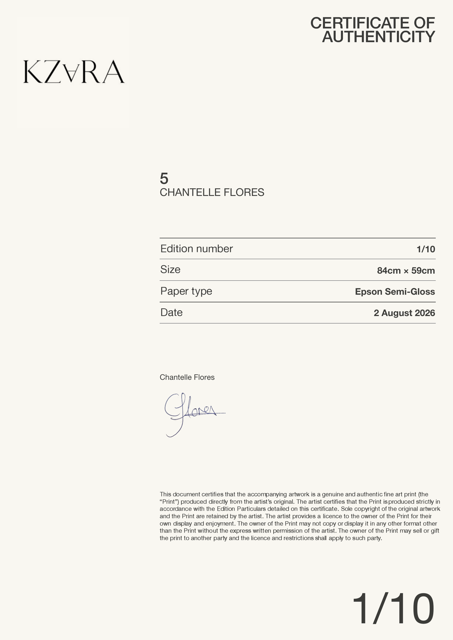 5 — Certificate of Authenticity