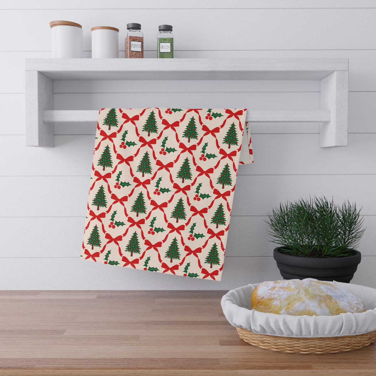 Christmas Tree Tea Towel Gift For Cousin Holiday Kitchen Linen Present For Mentor Holly Bow Dish Cloth Festive Winter Home Accessory Style