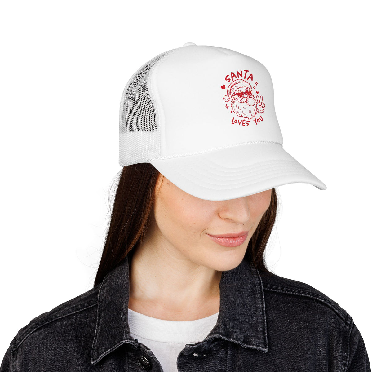 Santa Loves You Trucker Hat Gift For Girlfriend Christmas Mesh Cap Present For Best Friend Retro Holiday Accessory Cute Winter Style Chic