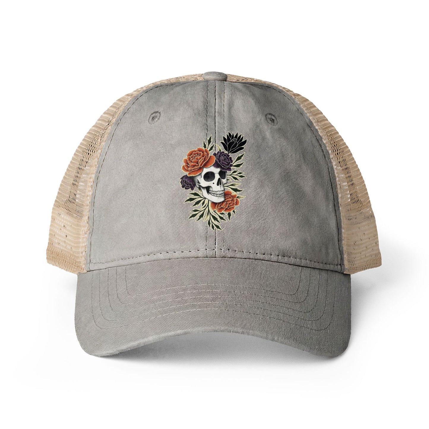 Floral Skull Trucker Hat Vintage Washed Mesh Cap Aesthetic Goth Hat Boho Skull Hat Ponytail Cap Gift for Her Festival Hat