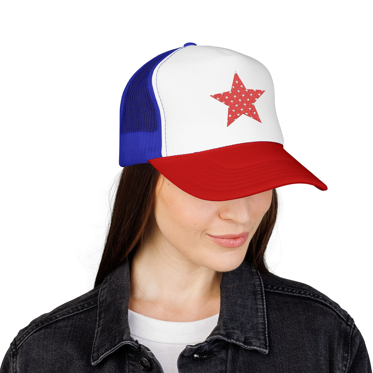 Fourth Of July Embroidered Red Star Hat Patriotic Trucker Cap Memorial Day Outfit USA Travel Souvenir USA Expat Gift Beach Day Cap Cute Vibe