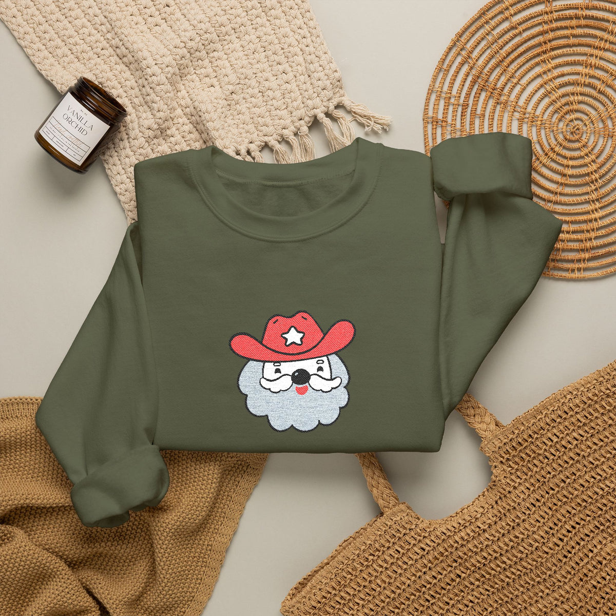 Embroidered Cowboy Santa Sweatshirt For Her Western Christmas Crewneck Gift For Mom Country Holiday Pullover Best Friend Winter Top For Wife