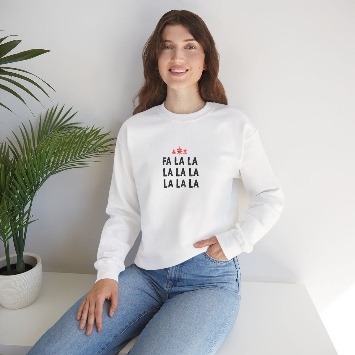 Embroidered Fa La La Sweatshirt Minimalist Holiday Pullover Cozy Neutral Crewneck Aesthetic Christmas Top Hygge Mom Apparel Subtle Festive