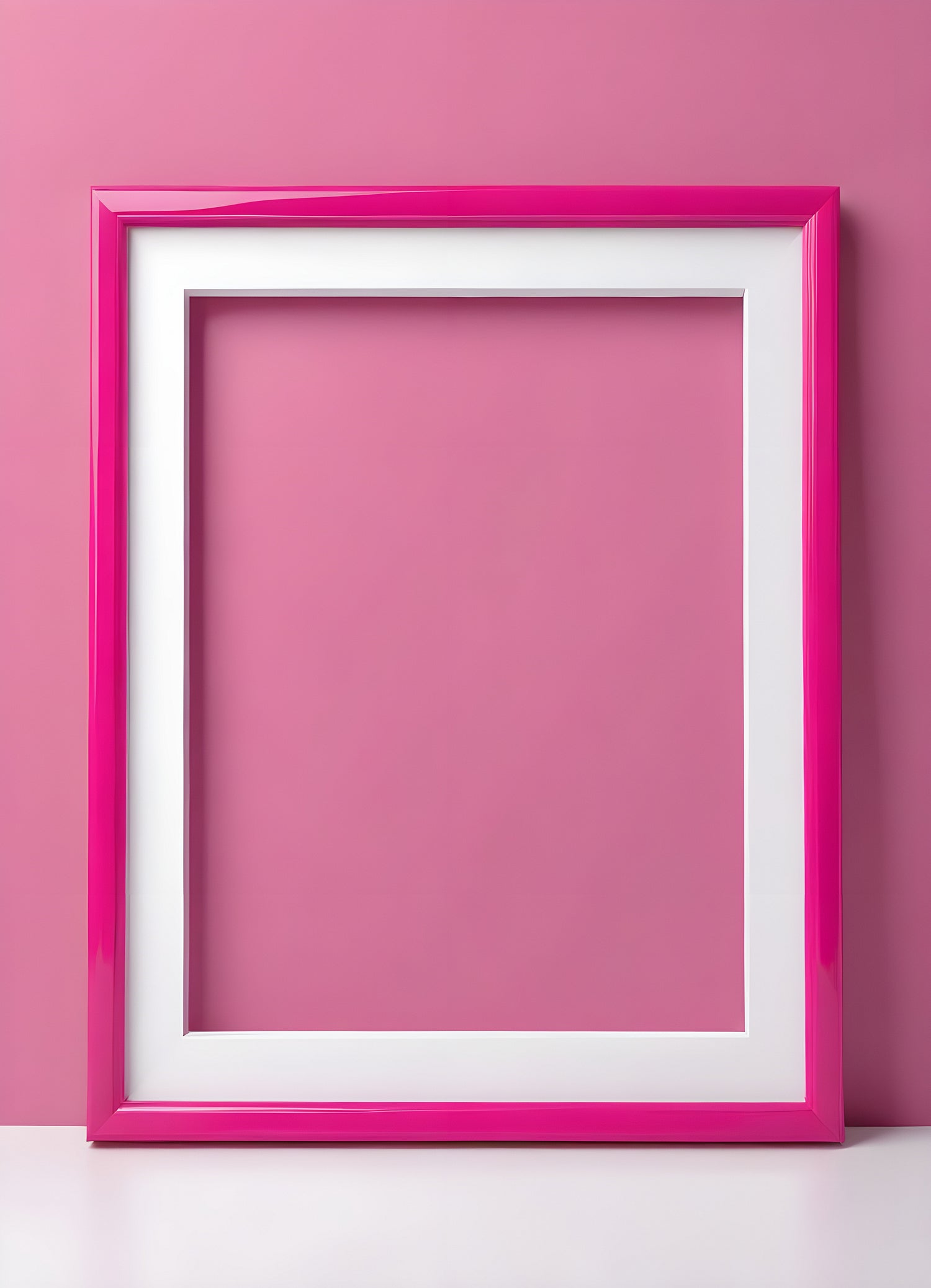 Bright pink empty frame stands against a white wall, inviting creativity and personal expression