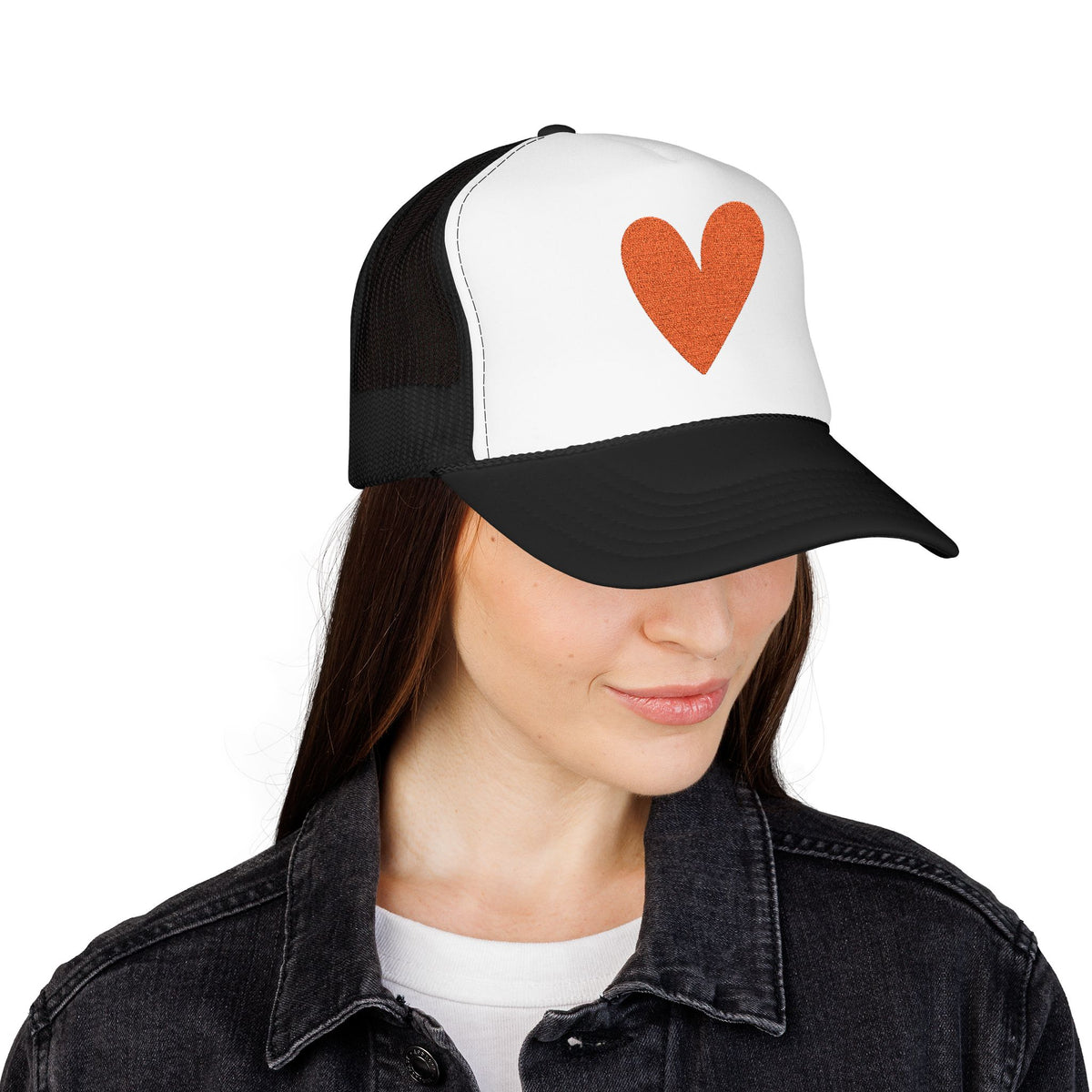 Orange Heart Trucker Hat Embroidered Foam Cap Mesh Snapback Summer Streetwear Gift For Best Friend Bold Minimal Fashion Accessory Look