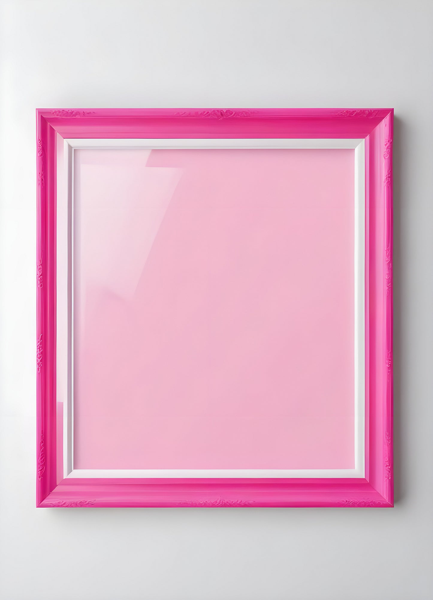 Bright pink empty frame stands against a white wall, inviting creativity and personal expression