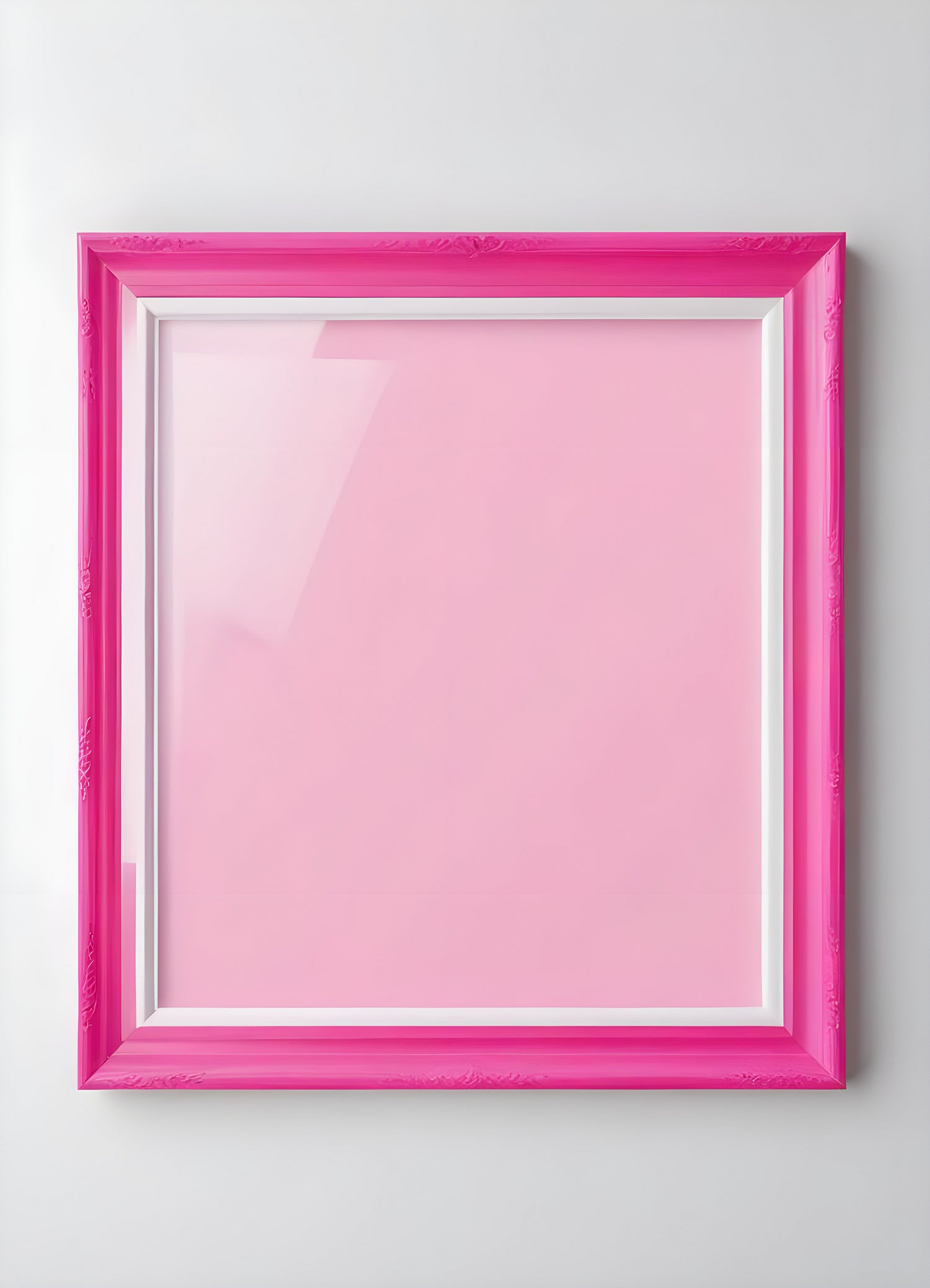 Bright pink empty frame stands against a white wall, inviting creativity and personal expression