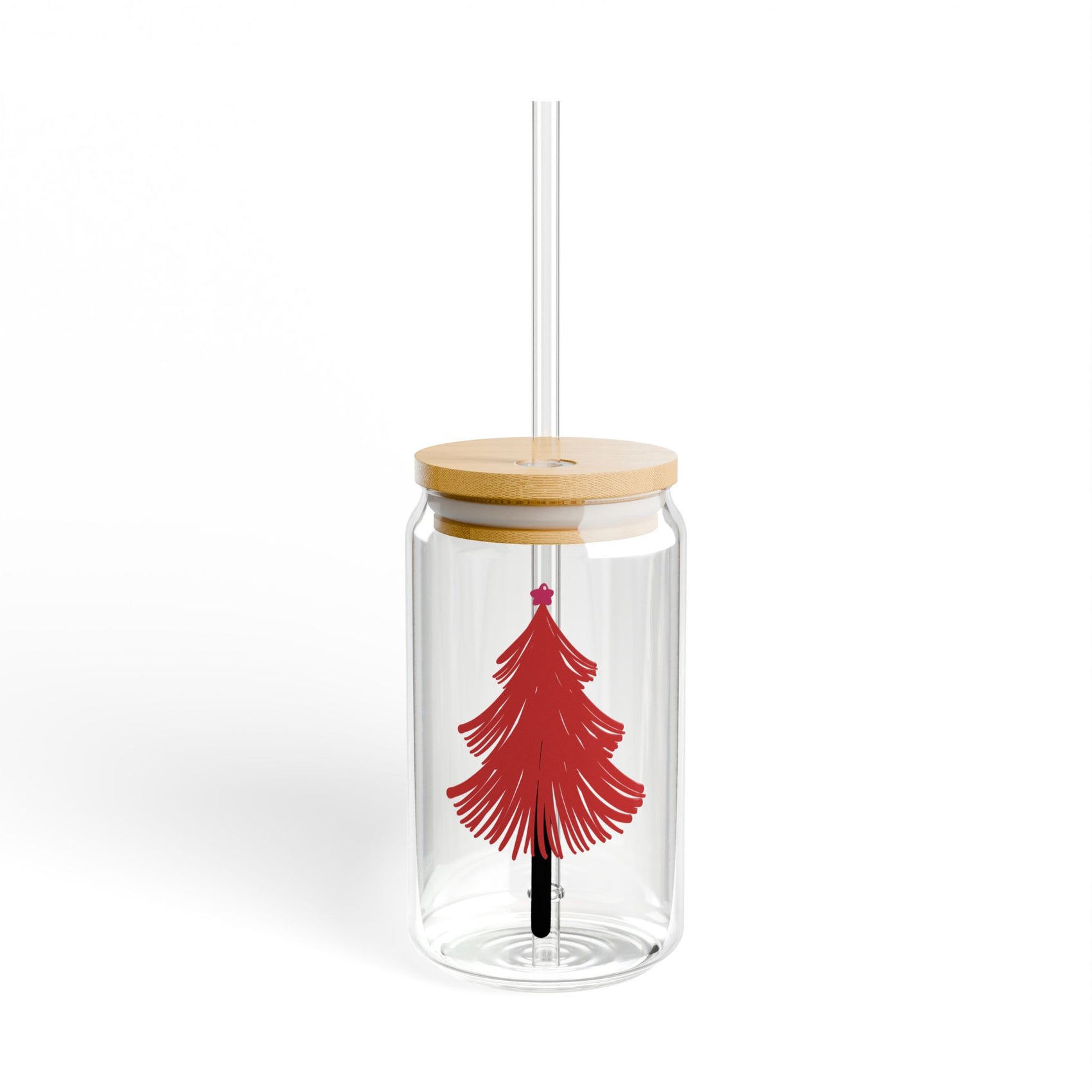 Red Tree Glass Cup Gift For Mom Festive Sipper With Bamboo Lid Cute Holiday Drinkware Sister Best Friend Winter Sip Jar Roomie Hostess Style