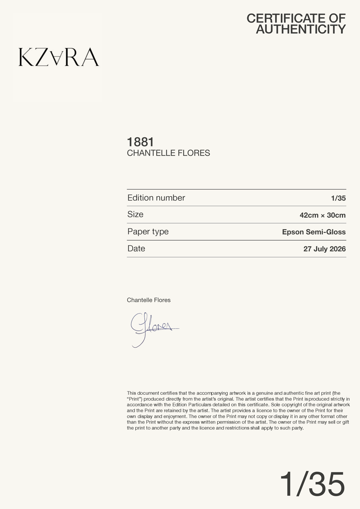1881 — Certificate of Authenticity