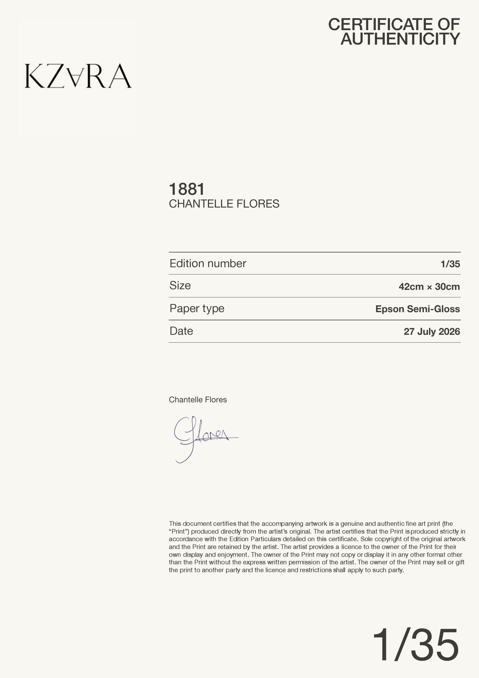 1881 — Certificate of Authenticity