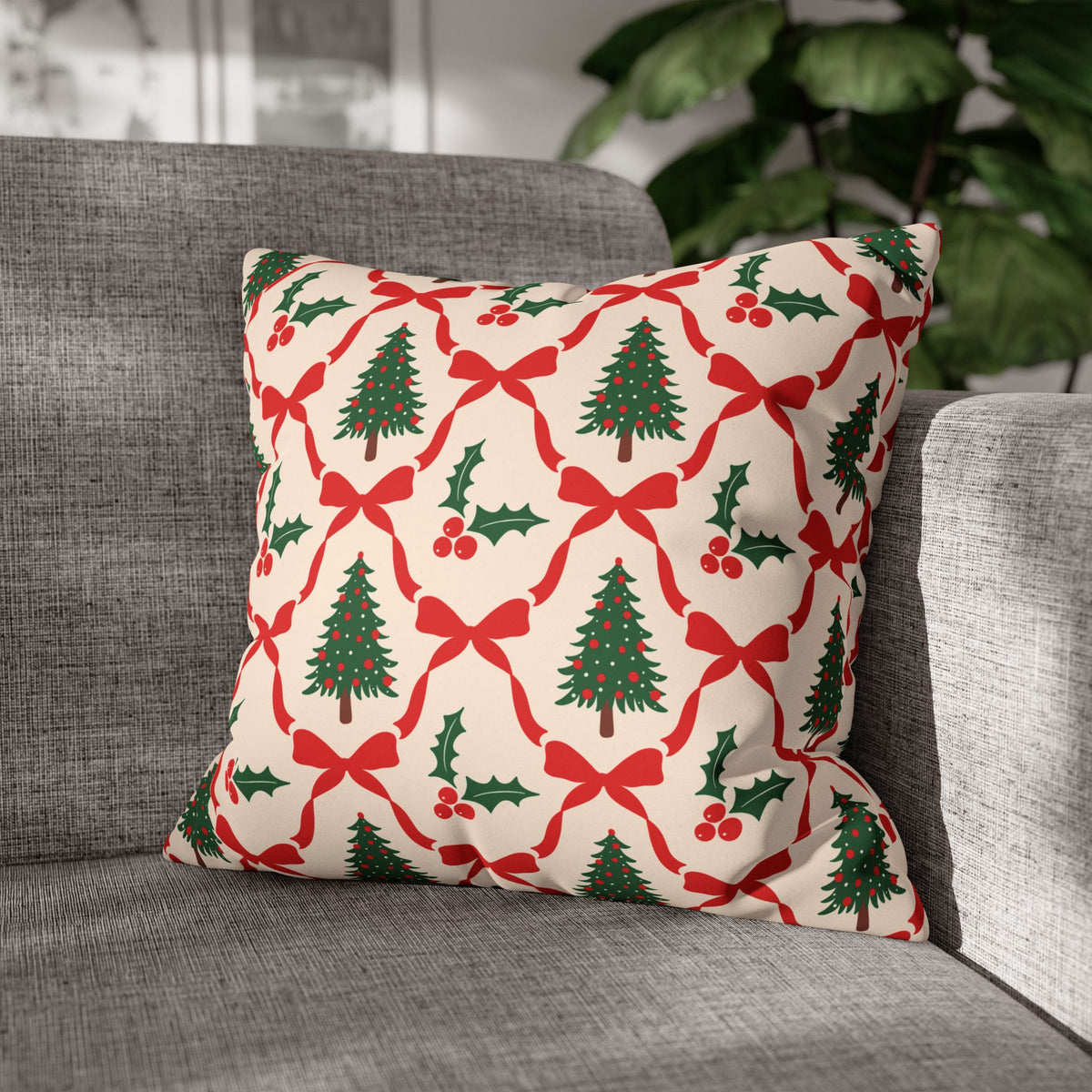 Christmas Tree Pillowcase Gift For Mom Holiday Cushion Cover Present For Sister Red Bow Faux Suede Winter Home Decor Cozy Sofa Accent Style