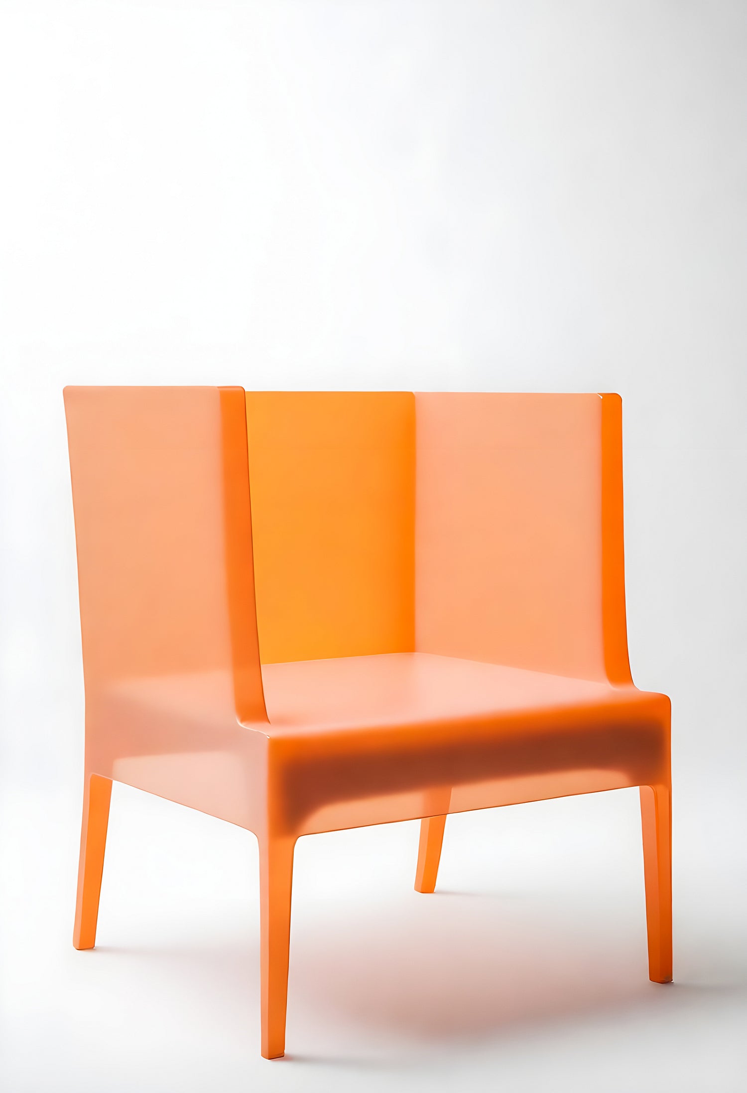 Bright orange transparent chair in modern minimalistic style against a plain white background