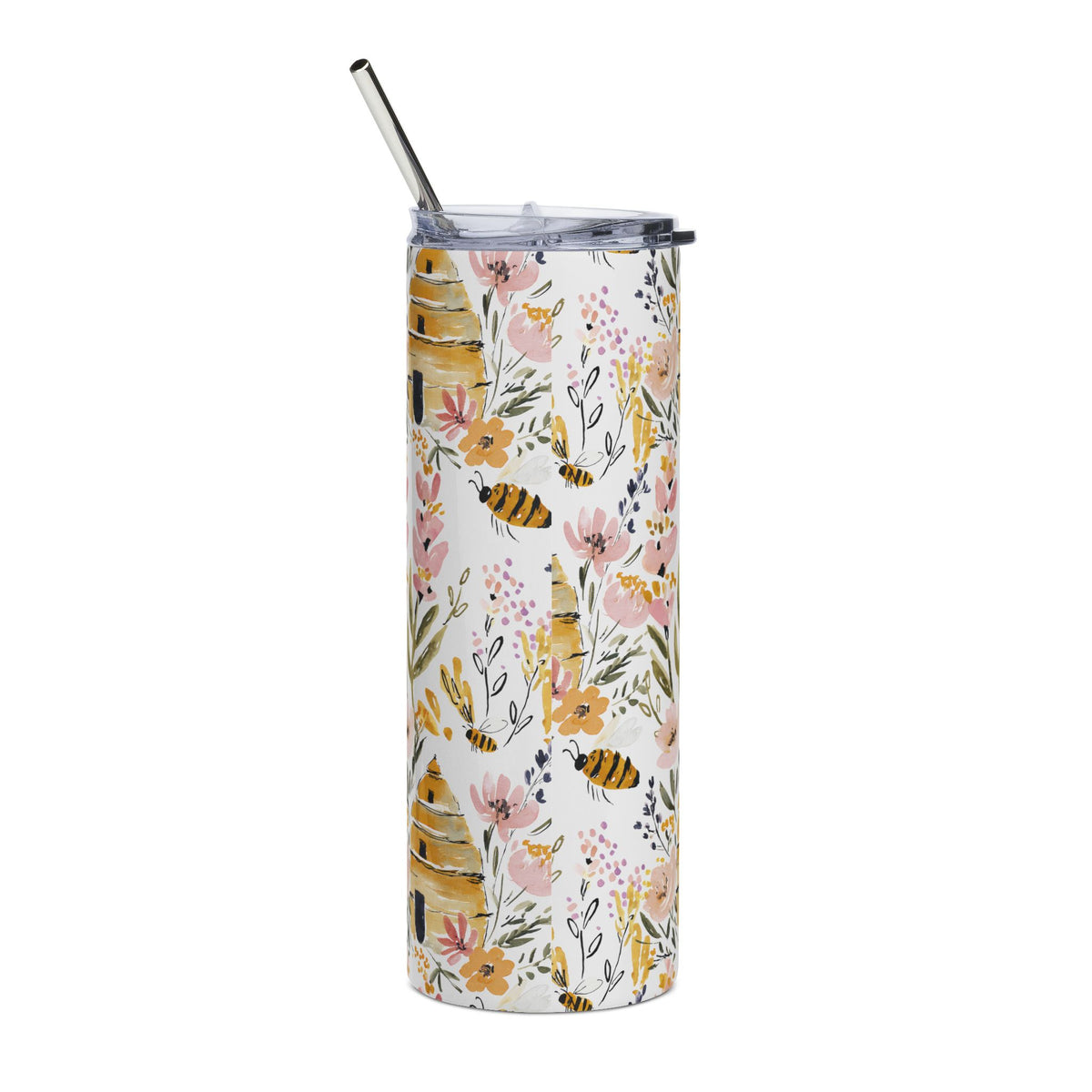 Honey Bees Tumbler Gift For Bee Lovers Cup Floral Tumbler Yellow Steel Straw, Spring Flower Drinkware Picnic Essentials Bee keeping Gift
