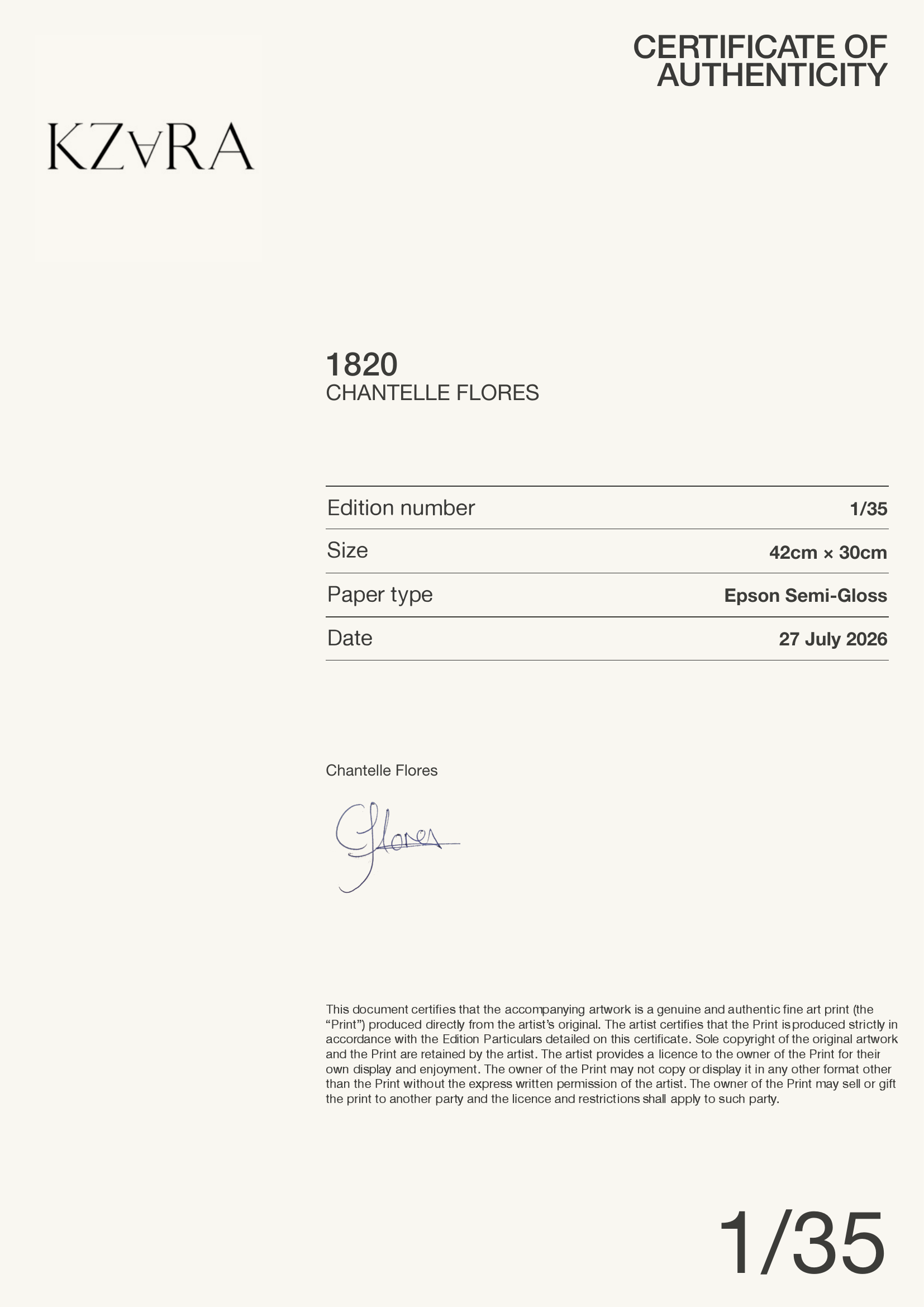 1820 — Certificate of Authenticity