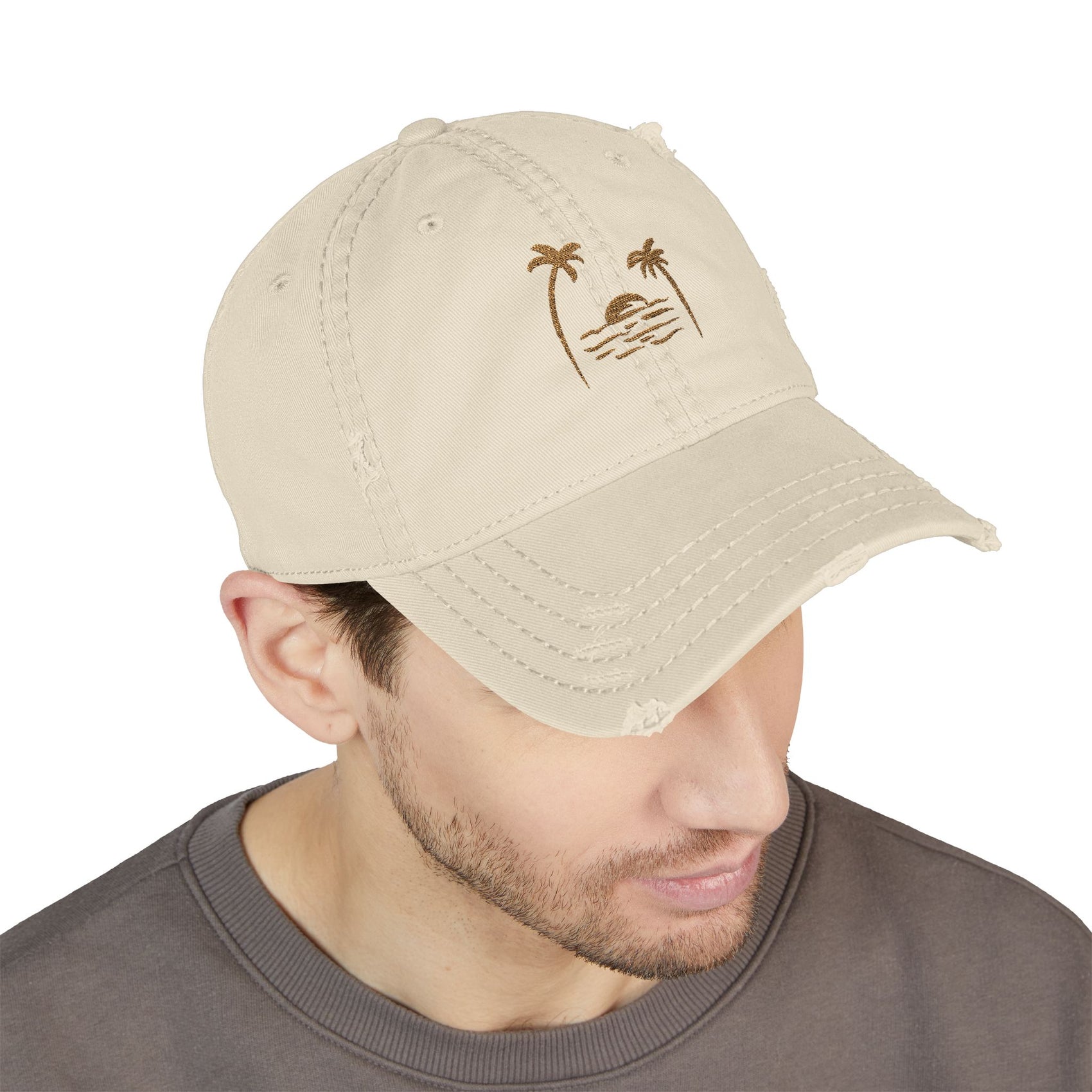 Palm Tree Hat Sunset Cap Beach Hat Coastal Dad Hat For Summer Travel Hat Gift For Surfers Distressed Vintage Hat Ocean Lover Gift Beige Hat