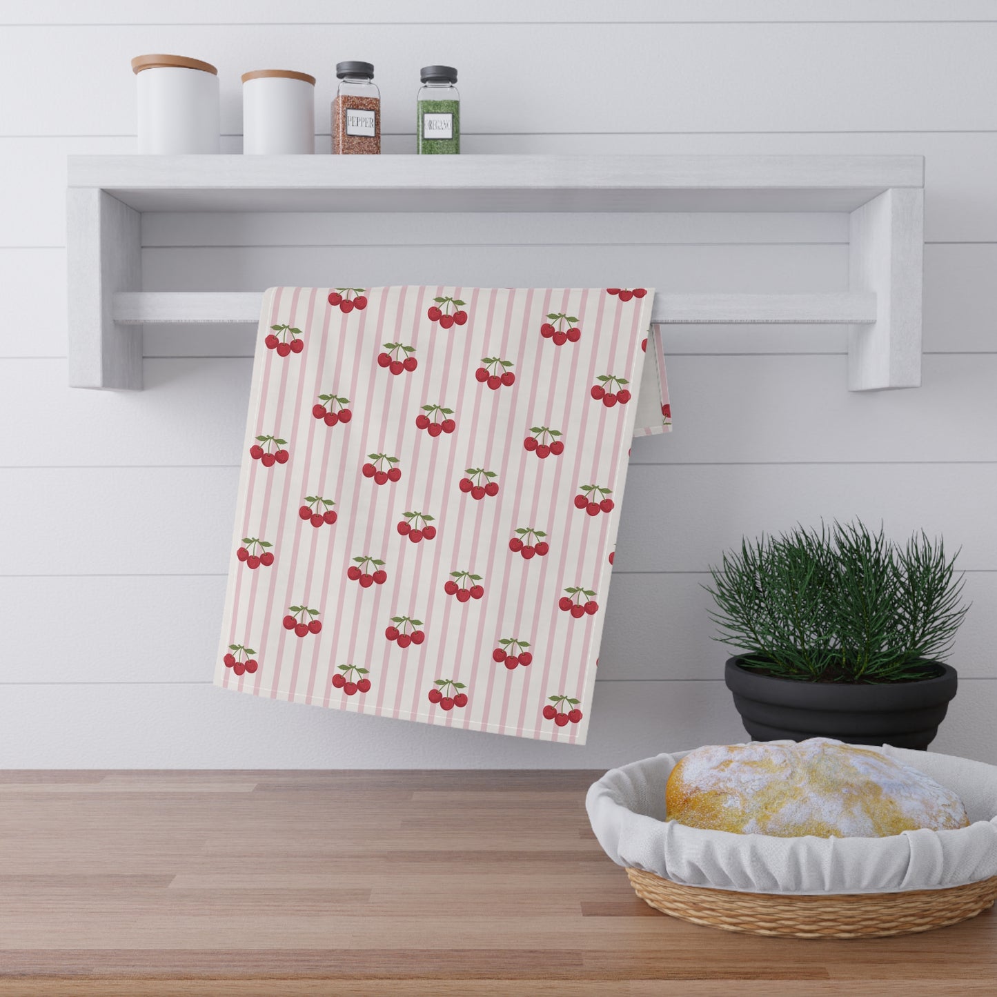 Striped Tea Towel Kitchen Towel Cherries Cherry Kitchen Towel Striped Dish Towel Pastel Kitchen Linen Cute Dish Towel Retro Cooking Gift