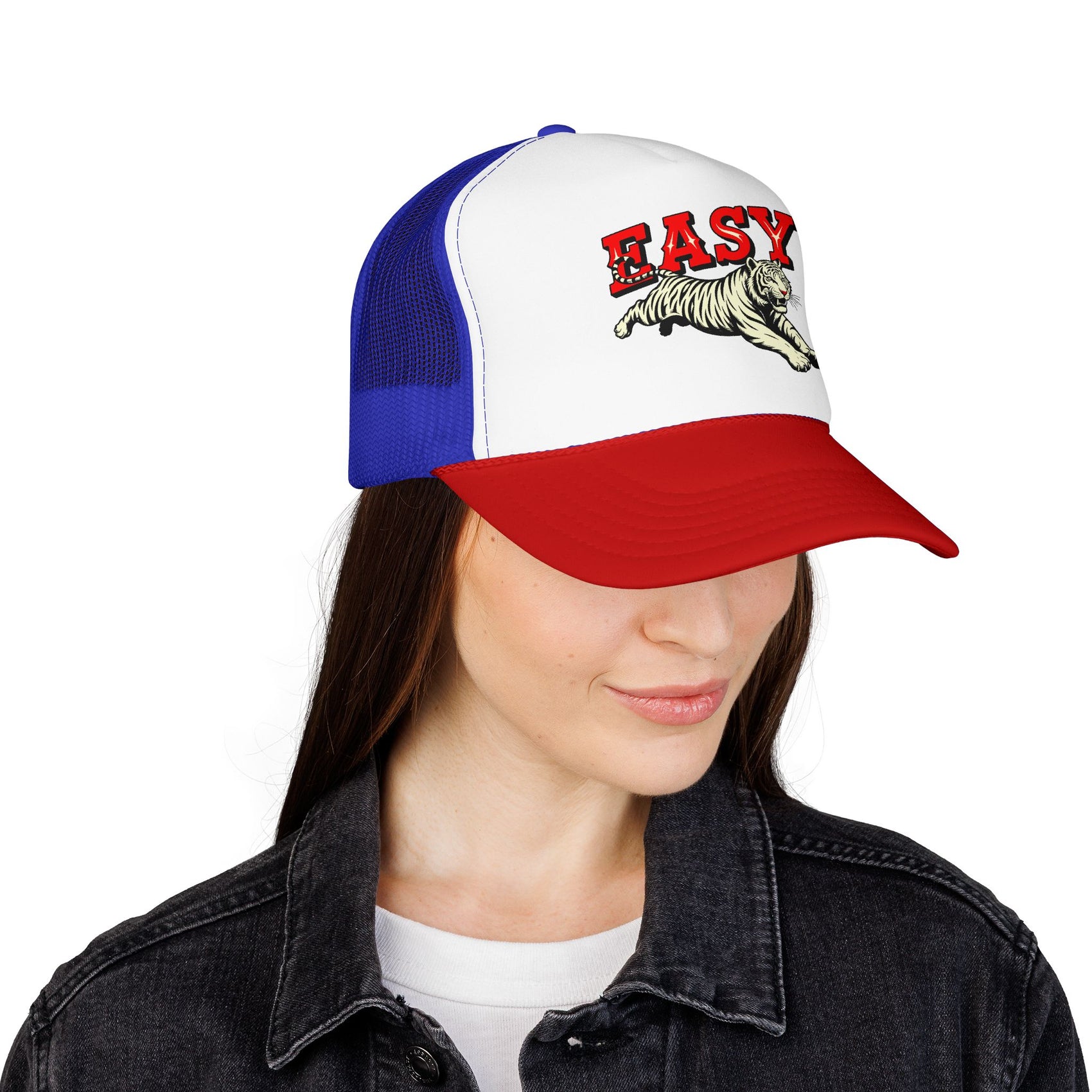 Easy Tiger Trucker Hat For Men White Animal Cap Gift For  Mom Tiger Lover Retro Sport Hat Casual Summer Outfit Cap for Sister