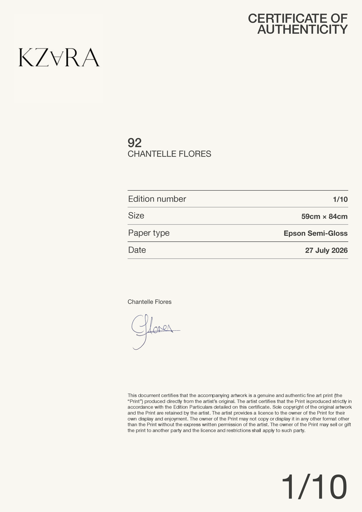 92 — Certificate of Authenticity