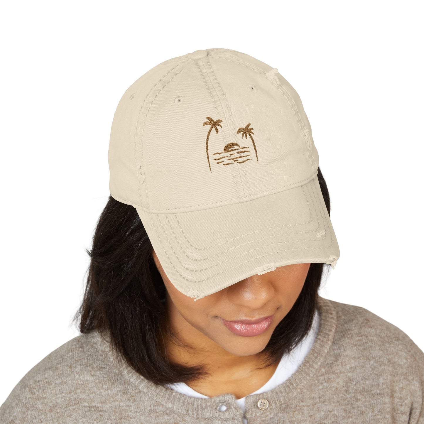 Palm Tree Hat Sunset Cap Beach Hat Coastal Dad Hat For Summer Travel Hat Gift For Surfers Distressed Vintage Hat Ocean Lover Gift Beige Hat