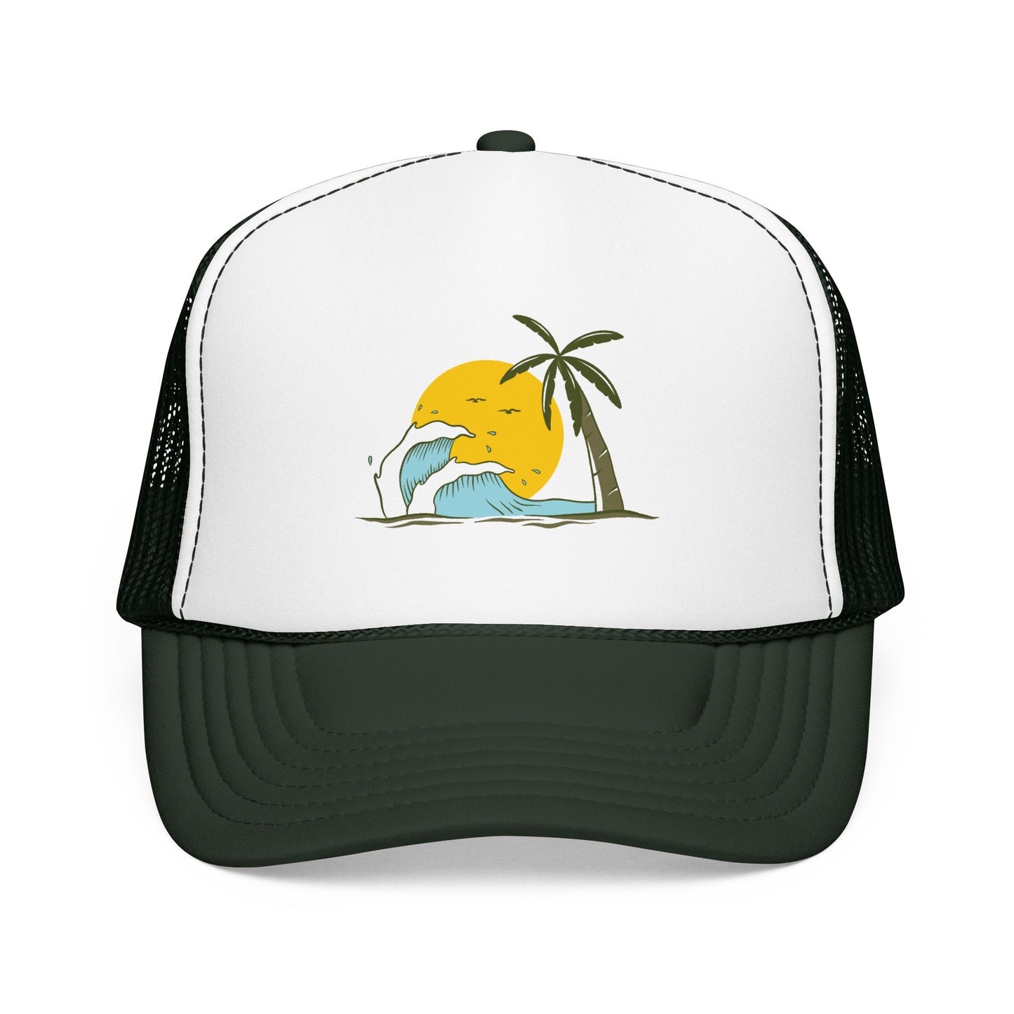 Tropical Trucker Hat Palm Wave Cap Vacation Headwear Coastal Escape Gift Mesh Snapback Island Sunset Fashion Accessory For Dad Beach Style