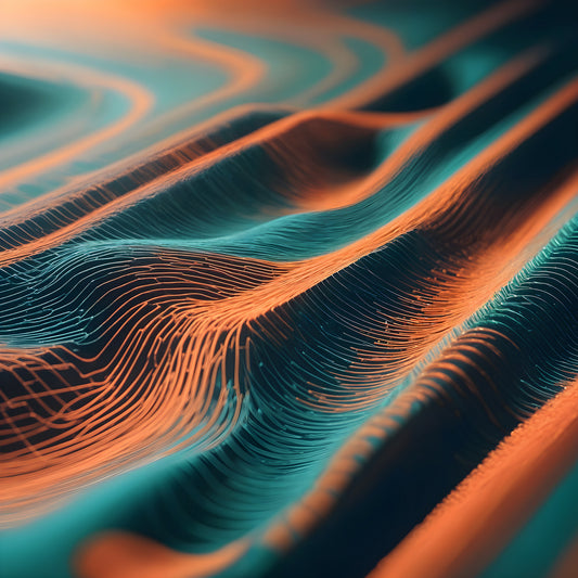 Abstract lines in vibrant orange and teal create a textured wave pattern, highlighting depth and movement