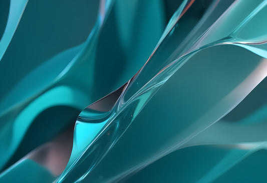 Abstract flow of teal and blue shapes blending together with soft curves and reflections