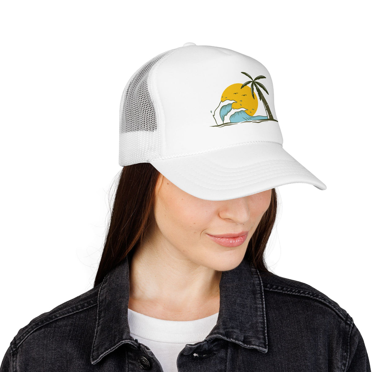 Tropical Trucker Hat Palm Wave Cap Vacation Headwear Coastal Escape Gift Mesh Snapback Island Sunset Fashion Accessory For Dad Beach Style