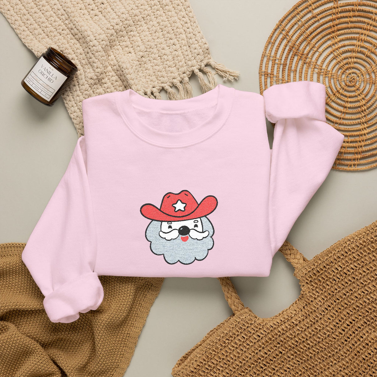 Embroidered Cowboy Santa Sweatshirt For Her Western Christmas Crewneck Gift For Mom Country Holiday Pullover Best Friend Winter Top For Wife