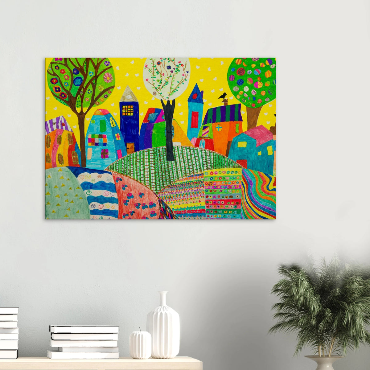 Colorful Village Wall Art Canvas Print Whimsical Town Folk Landscape Bright Decor #PD_361 product image