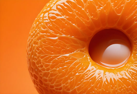 Close-up of a fresh orange showcasing its textured skin and juicy interior against a vibrant orange background. Generative AI