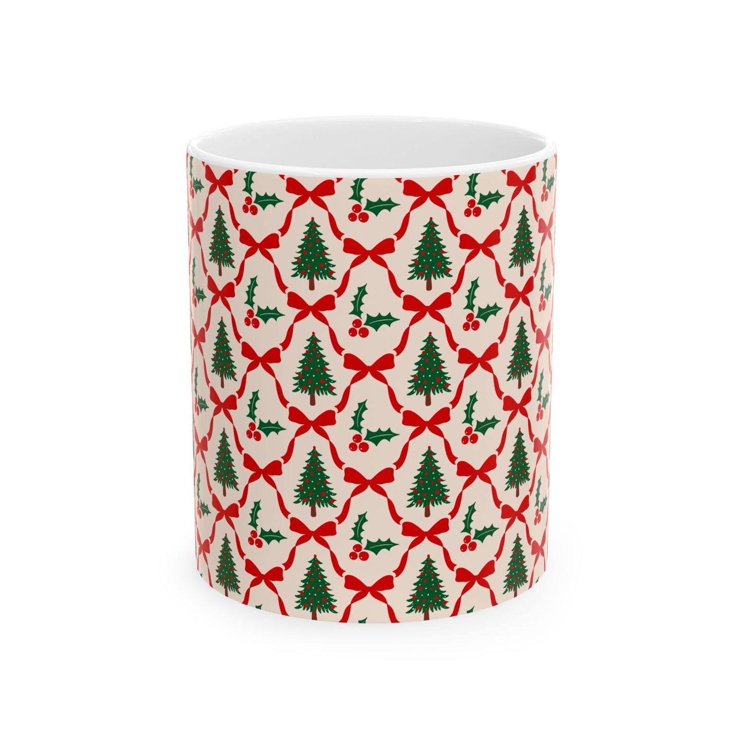 Pattern Christmas Mug Gift For Mom Tree Holly Coffee Cup Present For Sister Red Bow Ceramic Holiday Drinkware