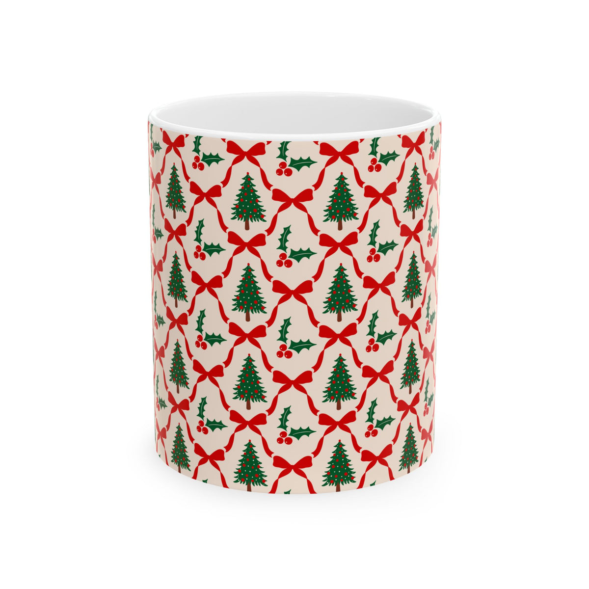Pattern Christmas Mug Gift For Mom Tree Holly Coffee Cup Present For Sister Red Bow Ceramic Holiday Drinkware