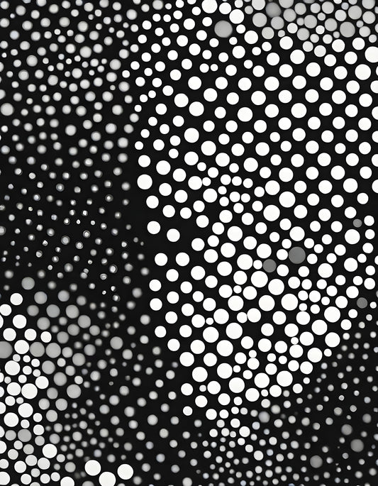 Abstract pattern with circles in black and white showcasing a dynamic play of light and shadow