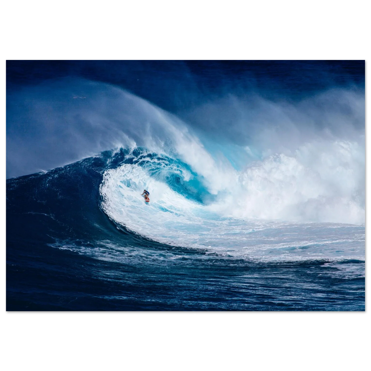 Unframed poster showing a surfer inside a giant curling blue wave with white spray