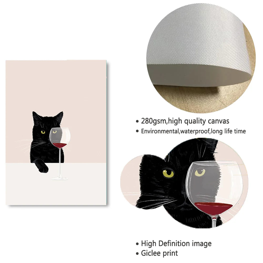 Canvas print with a black cat holding a wine glass, featuring high-quality details and text about the product.